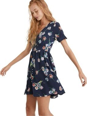 Madewell Silk Floral Button Front Tie Sleeve Mini Dress Navy Size 6 Boho